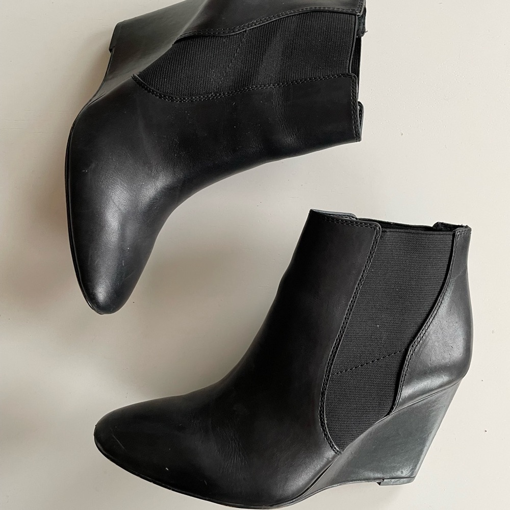 Ann Taylor Black Leather wedge booties, size 6.5